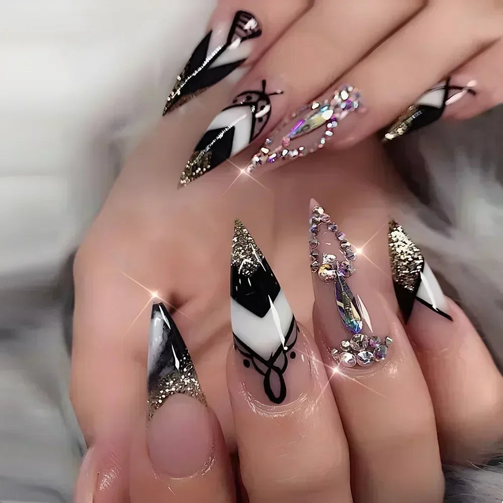Hnewly 24Pcs French Almond False Nails Glitter with Rhinestones Wearable Fake Nails Artificial Simple Full Cover Press on Nails Tips