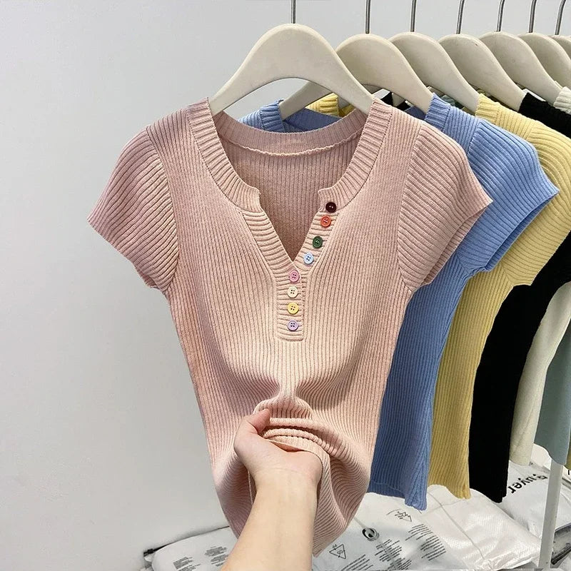 Hnewly  Summer V-Neck Short Sleeve Thin Tshirts Women Pastel Colored Button Knitted T-Shirts Teen-girl Stretch Fitted Tees Y2K Clothing