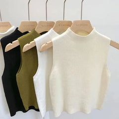 Hnewly White Knitted Camisole Sleeveless Vest For Women Spring Summer Half High Neck Short   Basic Bottom Top Korean Version Trendy Tee