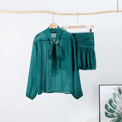 Hnewly  New Elegant Bow Lace Up Top Skirts Set For Women O-neck Long Lantern Sleeve Blouses High Waist Pleated Skirt Lady Outfits