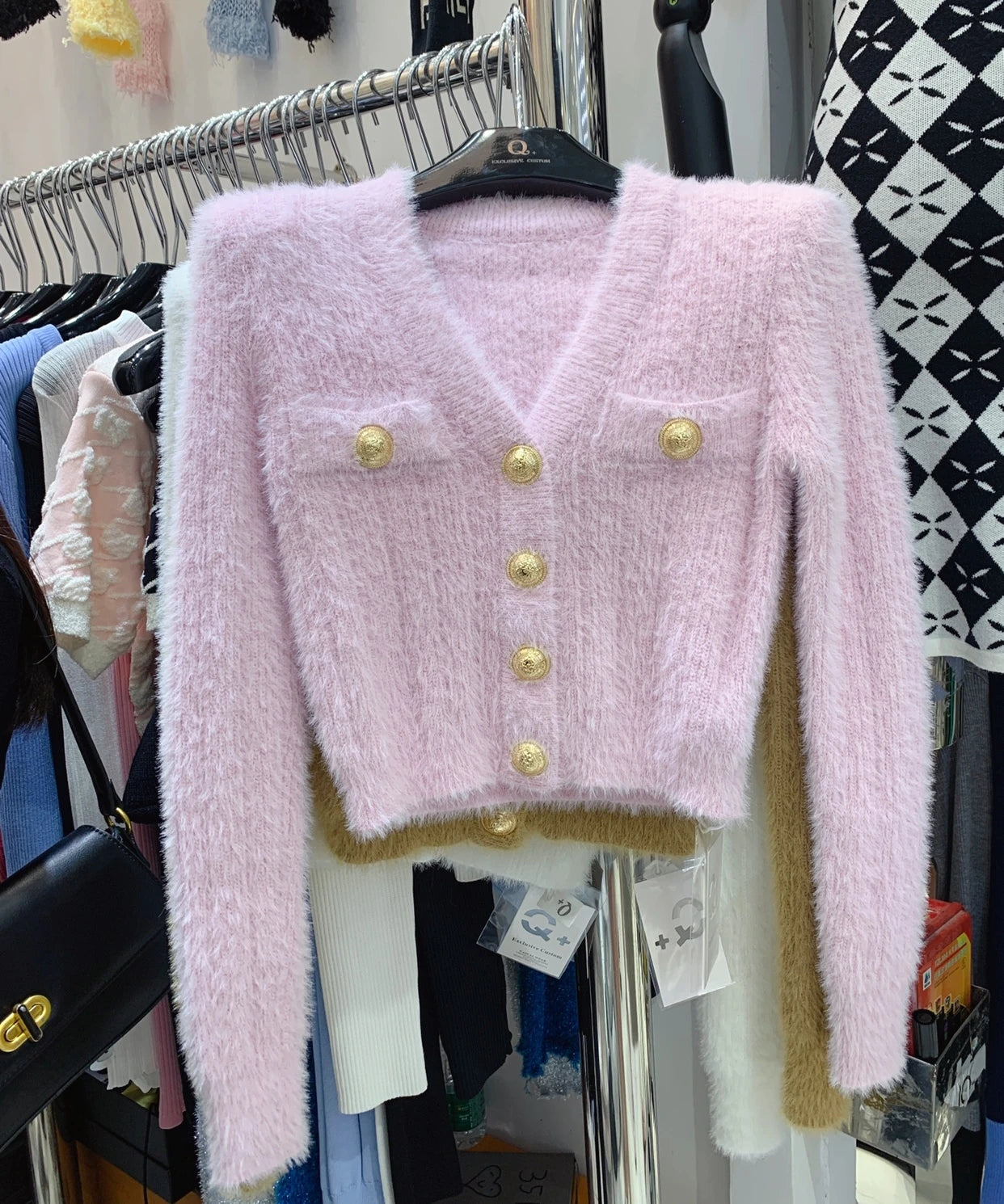 Hnewly  Fuzzy Knit Crop Cardigan with Gold Button Long Sleeve V-neck Fitted Sweater Jacket Teen-girl Autumn Winter Y2K Outfit