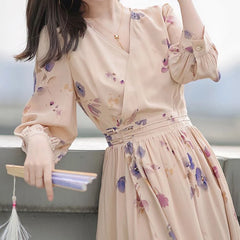 Hnewly  Spring Autumn New V-neck Long Sleeve Midi Dress Women High Street Casual Printing Pleated Dresses Elegant High Waist Vestidos