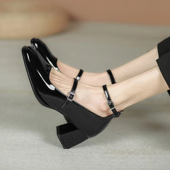 Hnewly New Women's Mary Janes Shoes High Quality Leather Shoes for Women Square Toe Shallow Buckle Strap Women's Shoes sandalias