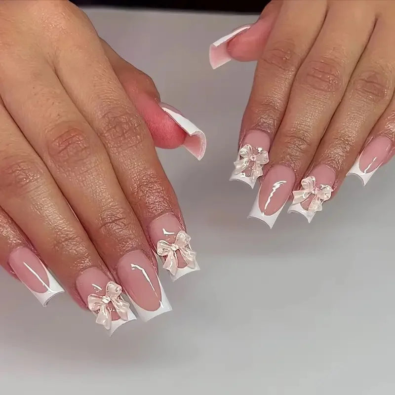 Hnewly Pink French Style Fake Nails 3D Bowknot Designs Short Square Press on Nails Sweet Korean Fashion False Nails for Women and Girls