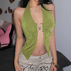 Hnewly Summer Holiday Green Backless Crop Tops Sexy Hollow Out Deep V-neck Tank Top for Women y2k Aesthetic Clubwear Halter Vest