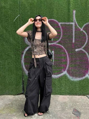 Hnewly Vintage Sexy Leopard Print T-Shirt Women Casual Harajuku 2000s Short Sleeved Y2k Crop Tops Retro Blouse Fashion Summer 2024