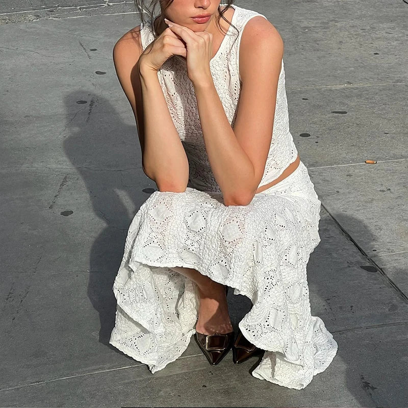 Hnewly Temperament Y2K Casual Streetwear Suits Summer Slim Sleeveless Lace Hollow Top and White Beach Skirt Women 2 Piece Set