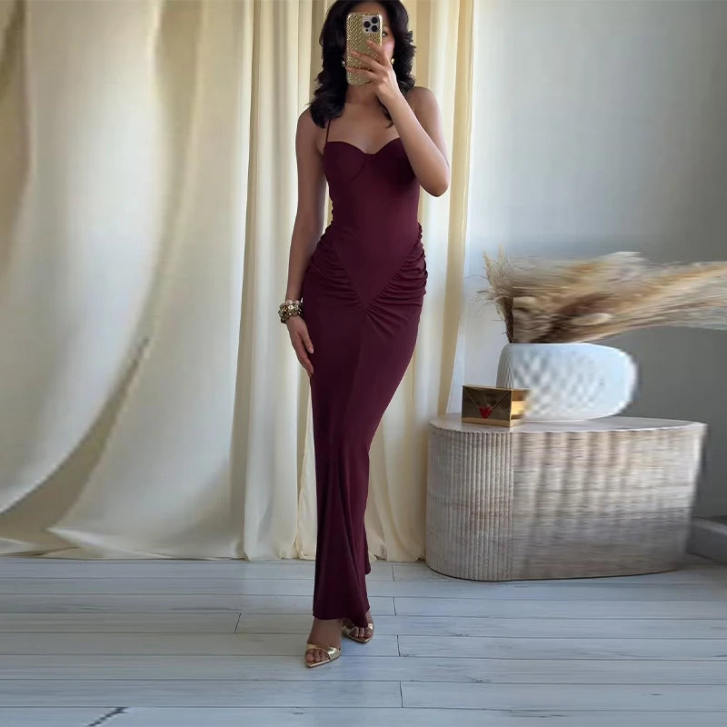 Hnewly  Sexy Spaghetti Strap Maxi Dresses Women's Waist-cinching Hip-wrap Ankle-length Dress New Ladies Spring Summer Solid Outwear
