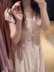 Hnewly  Summer Vacation Style Pink Long V-Neck Waist-Cinched Short Sleeve Women's Dress Retro Loose Slimming A-Line Skirt