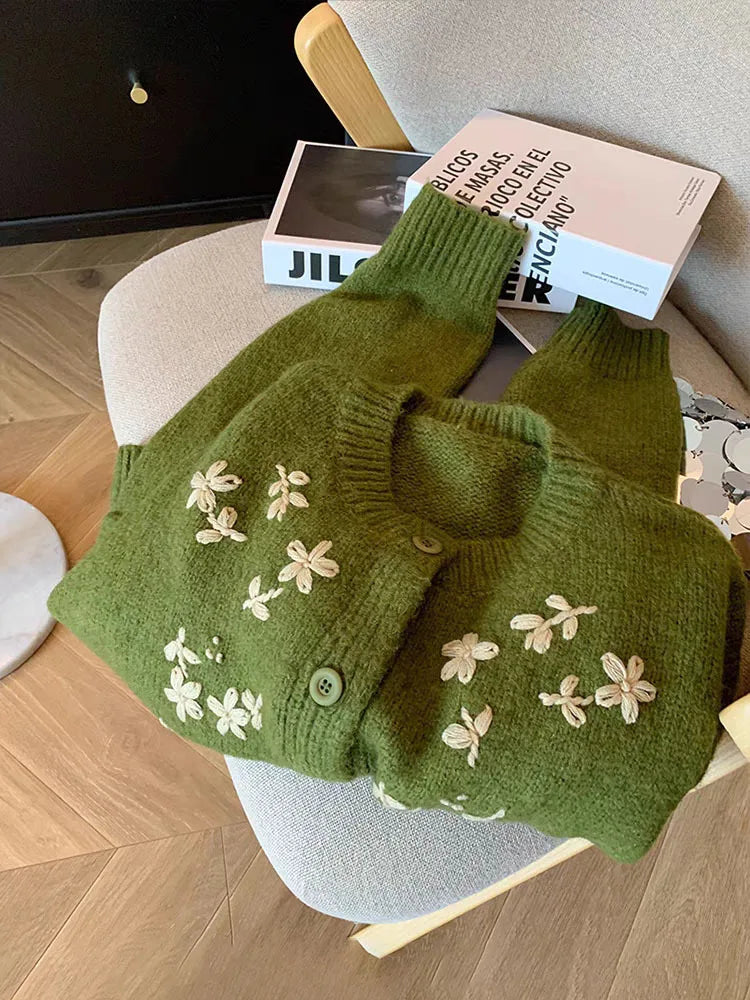 Hnewly  Green Crochet Knitted Sweater Women's Retro Soft  Embroidery Loose Long Sleeved Jacket Round Neck Single Breasted Cardigan Top