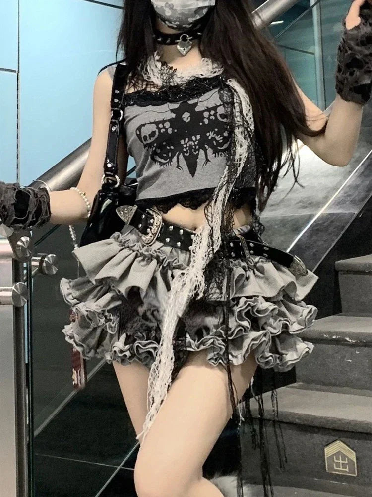Hnewly Fashion Sweet Lace Slim Fit Camisole Tops Women+ Y2k Kpop High Waist Ruched Cake Skirts 2025 Summer New Two Piece Sets