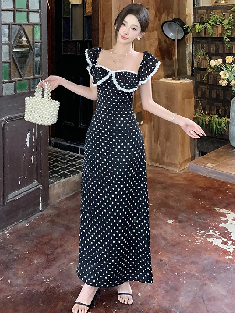 Hnewly  Woman Dress Vintage Sexy Polka Dot Ruffles Elegant Backless French Style Summer Fashion Sweet Party Dresses Female