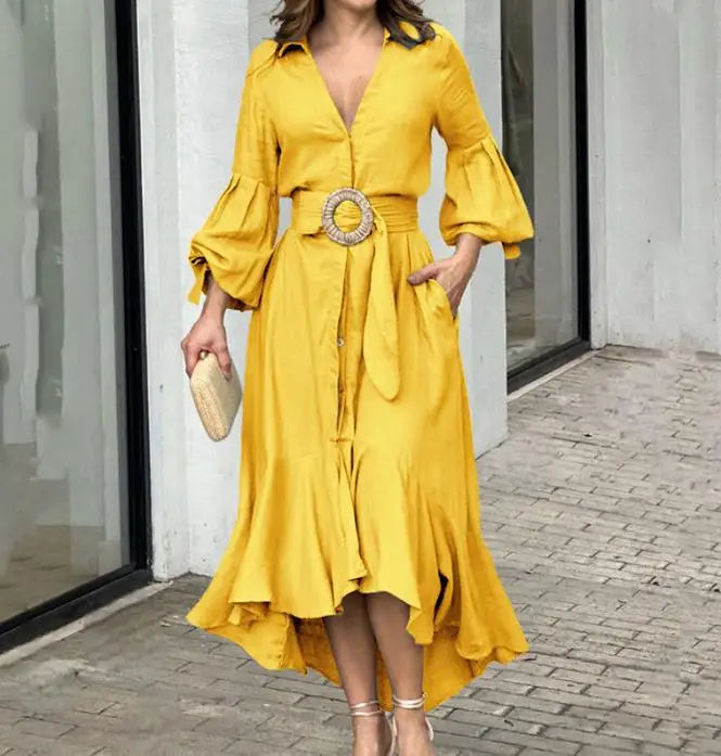 Hnewly  Asymmetrical Style for Women Spring Summer Elegant Sexy V-Neck Lantern Sleeve Ruffle Hem Pocket Design Maxi Dress