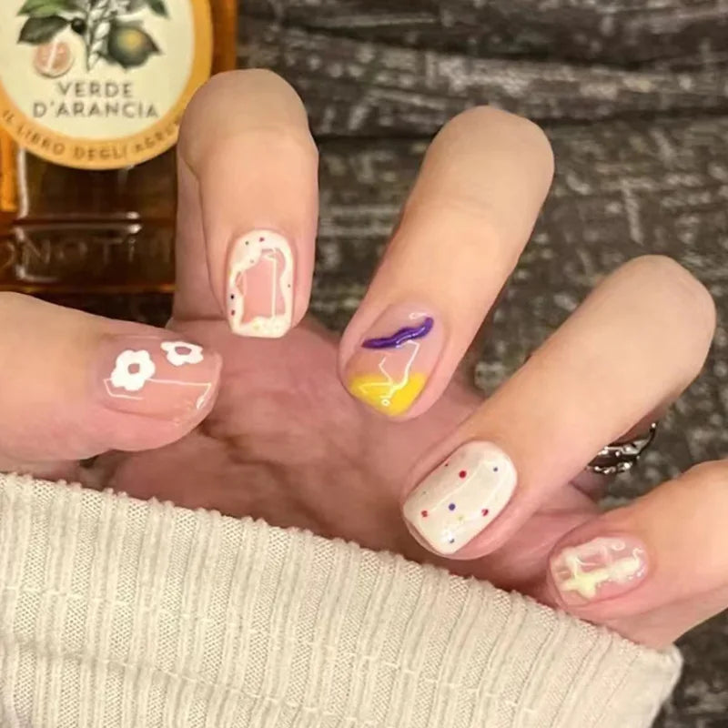 Hnewly 24Pcs/Box Gradient Color Artifical Press On Nails With Glue Long Coffin Fake Nails Lovely Girls Nail Art Ballerina False Nails