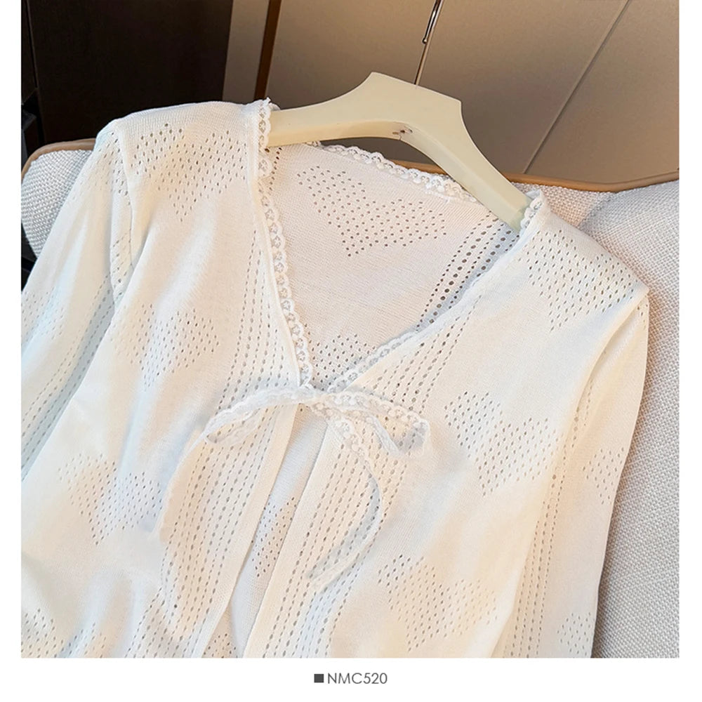 Hnewly  Sweet Lace Trim Heart Hollow Knit Cardigan Women's V-Neck Long Sleeve Early Autumn Bow Tie Loose Fit Female Short Tops