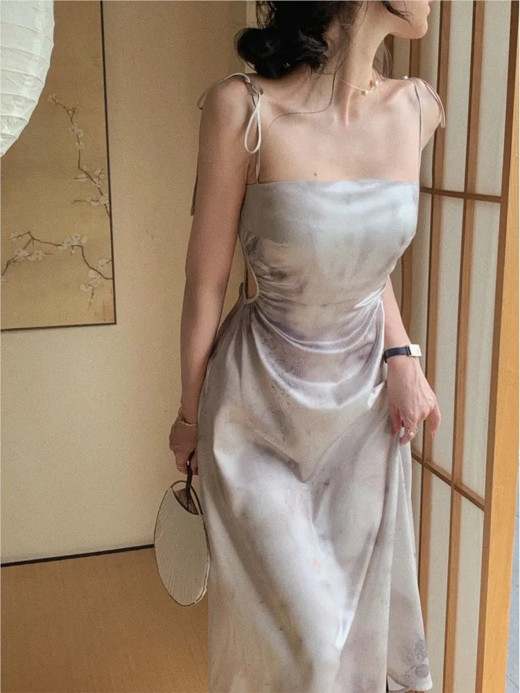 Hnewly  Summer Women Spaghetti Strap Elegant Midi Satin Dresses Vintage Wedding Evening Birthday Holiday Beach Backless Prom Clothes New