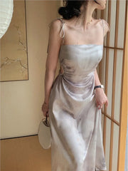 Hnewly  Summer Women Spaghetti Strap Elegant Midi Satin Dresses Vintage Wedding Evening Birthday Holiday Beach Backless Prom Clothes New