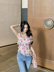 Hnewly  Irregular Camis Women Sweet Sexy Floral Printed Slash Neck Vintage Summer Fashion Holiday Tank Tops Female Casual