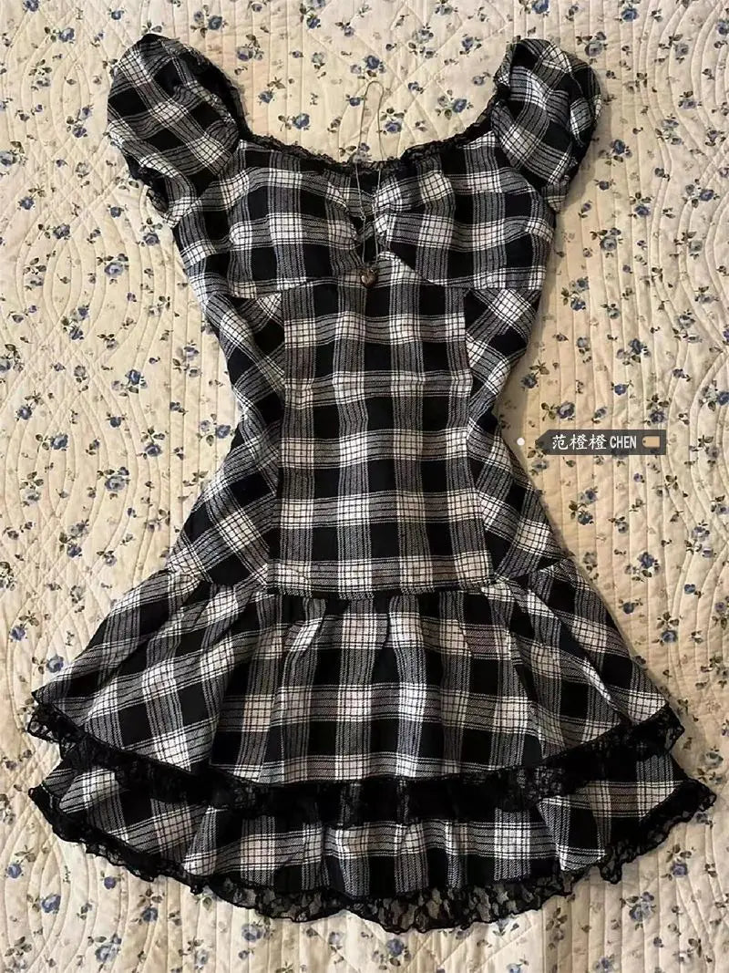 Hnewly summer inspo Y2k Harajuku Lattice Vintage Sleeveless Gothic Punk Summer Dresses Slim Short Dress Lace Sexy Korea Fashion Women Dresses