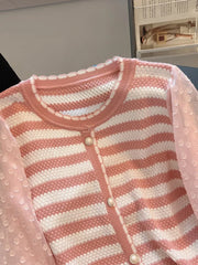 Hnewly  Striped knitted Sweater For Women's Spring Autumn French Elegant Round Neck Long Sleeved Patchwork Chiffon Loose All-Matched Top