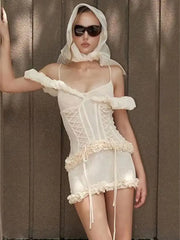 Hnewly  Cutenew Slash Neck Sexy Dress Women Sweet Mesh Ruffles Shirring Sleeveless Patchwork Stretch Vacation Party Club Bodycon