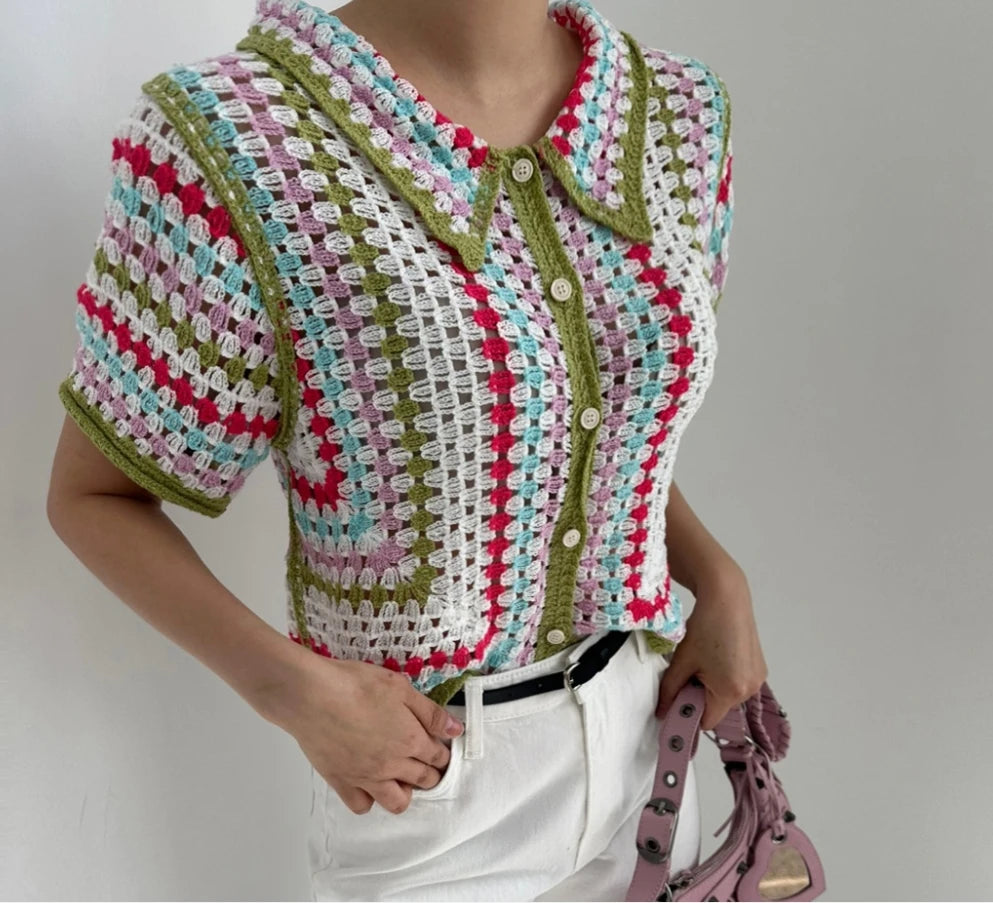 Hnewly  Rainbow Striped Crochet Shirt Collored Button-down Short Sleeve Openwork Knit Shirts Blouses Women Summer Boho Beach Outfit