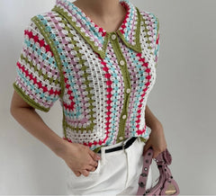 Hnewly  Rainbow Striped Crochet Shirt Collored Button-down Short Sleeve Openwork Knit Shirts Blouses Women Summer Boho Beach Outfit