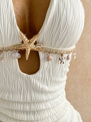 Lunivop  White Halter Twist Bodycon Mini Dress With Shell And Starfish Decor Beach Resort Summer Outfit