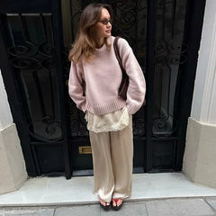 Hnewly  Elegant Knitted O-neck Sweater Women Solid Loose Full Sleeve Warm All-match Sweaters Female Winter Spring Pullover Lady New