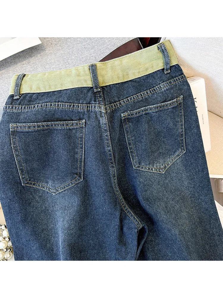 Hnewly  Large Size High Waist Jeans  Women  New Autumn Loose Drawstring Wide Leg Pant Fashion Splice Versatile Straight Leg Denim Pants