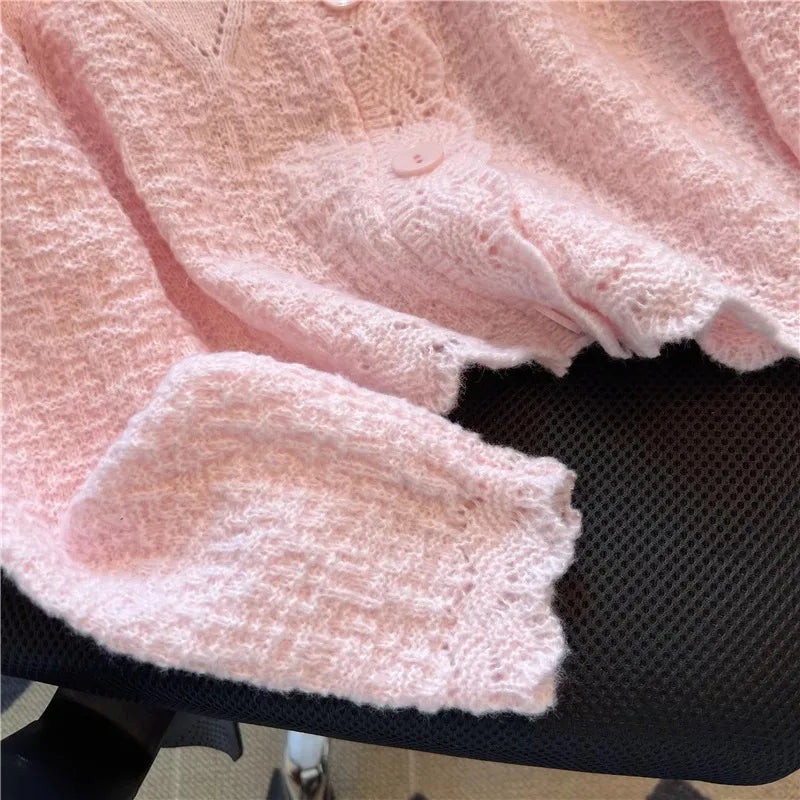 Hnewly  Korean Sweater Cardigan Women's Spring Autumn 2025 Versatile Soft Knitted Jacket Elegant Lace Single Breasted Long Sleeved Top