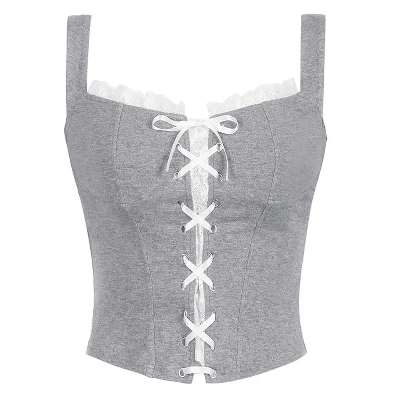 Hnewly 2 Piece Set Fashion Chic American Sexy Suits Women Casual Lace Splicing Tie Straps Vest + Simplicity Slim Drawstring Short Skirt