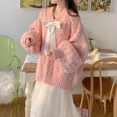 Hnewly  Bow Tie V-Neck Sweater Women Twist Loose Lazy Pink Lantern Sleeve Knitted Pullover Solid Fashion Pretty Style Female  Jumpers