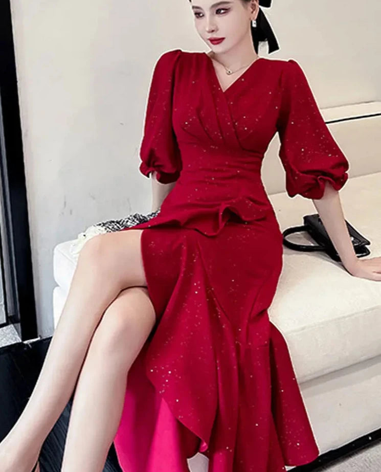Hnewly Elegant Midi Red Mermaid Dress Women Autumn Korean Sexy V-neck Irregular Sequins Dress Vintage Casual Evening Party Dress