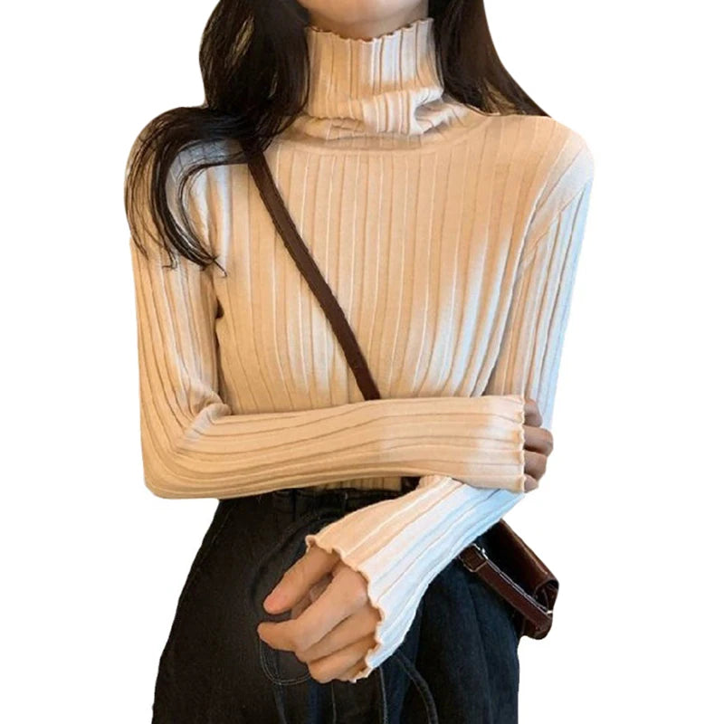 Hnewly Ribbed Sweater Women Clothes Solid Color Turtleneck Lettuce Trim Long Sleeve Pullover Winter Fall Clothing Streetwear