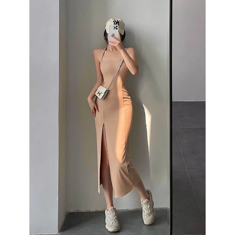 Hnewly European Summer Fashion New Simple Casual Style Sexy Trend Slim Dress Solid Color Side Slit Sleeveless Women's WCWZ