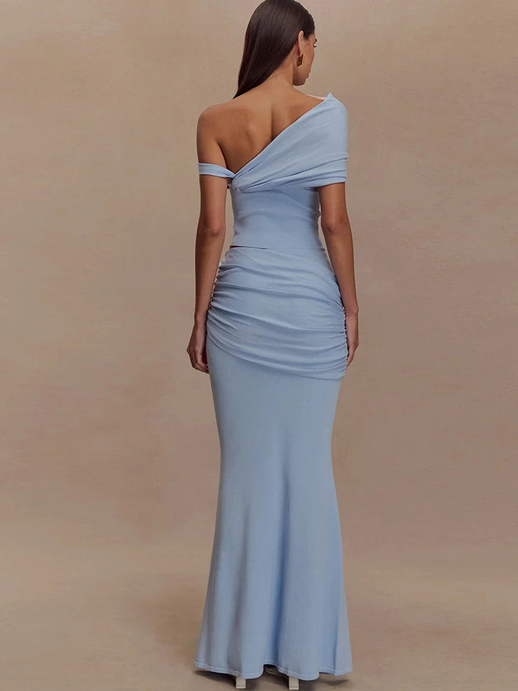 Hnewly Elegant Fashion 2 Piece Set Women Irregular Skew Collar Backless Crop Top+Ruched Skirts Summer Trend Beach Style Suit