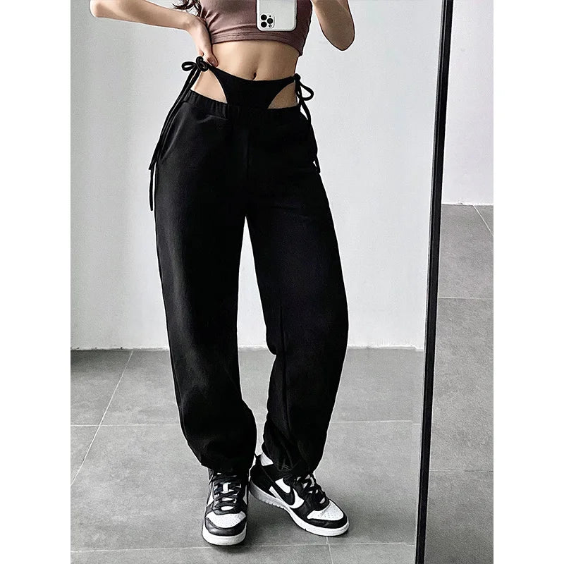Hnewly European Retro Casual Style Solid Color High Waist Trend Women's Loose And Thin Harem Pants Fake Two-piece MJK8