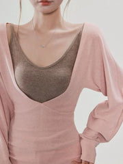 Hnewly  Y2k Aesthetic Two Pieces Set Vintage Knitted Women A Deep V-Neck Cropped T-shirt + Solid Slim Fit Vest JHarajuku Grunge Suit