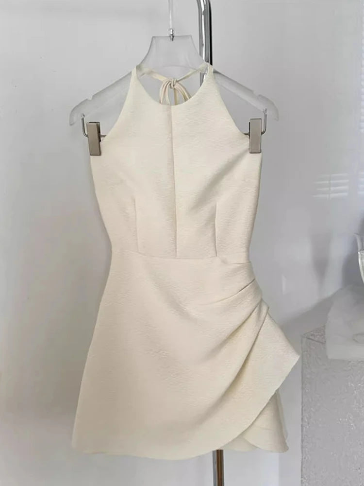 Hnewly Romantic Ruffle Puffy Mini Dress Women Textured Solid Shirring Strappy Open Back Halter One-piece Prom Party Clothes