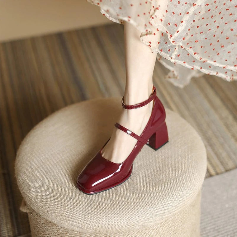 Hnewly New Women's Mary Janes Shoes High Quality Leather Shoes for Women Square Toe Shallow Buckle Strap Women's Shoes sandalias