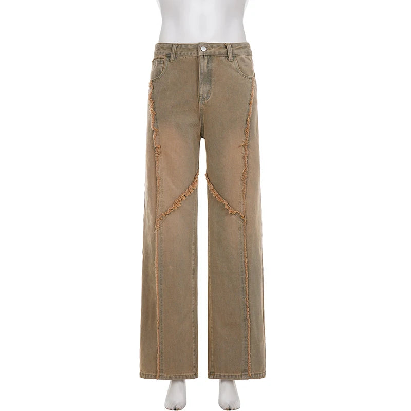 Hnewly  Vintage Frayed-edge Loose Jeans Women Casual Stragiht Denim Pants Y2K High Street Leg Trousers Harajuku Clothes Aesthet