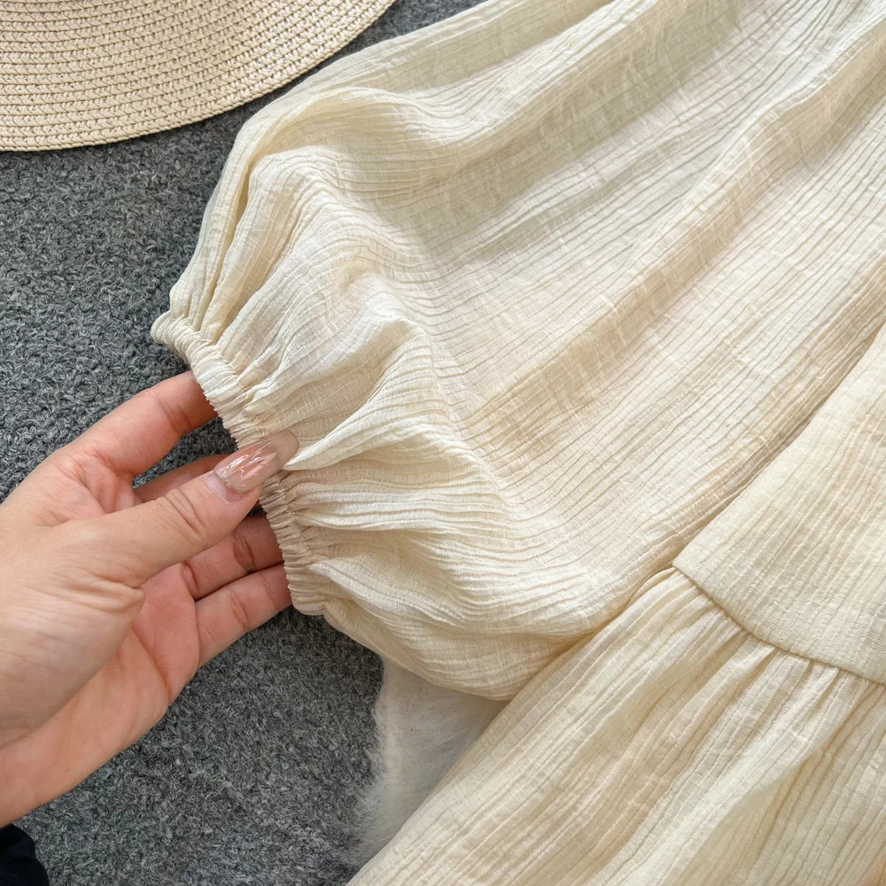 Hnewly  Tassel Patchwork V-neck Vacation Dress Sweet Lantern Sleeves Loose Mid Length A-line Dresses Elegant Embroidery Beach Vestido