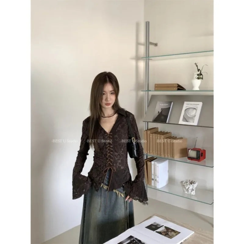Hnewly  Hollow Out Mesh V-neck Lace Up Shirts Women Y2k E-Girl Slim Fit Long Sleeve Blouses Spring New Black Blusas De Mujer