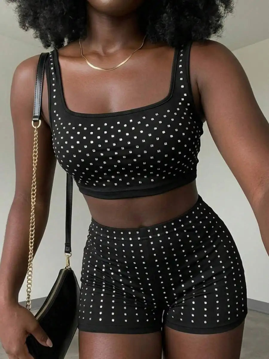 Hnewly  Sparkly Square Neck Rhinestone Two Piece Set For Club Party Night Out