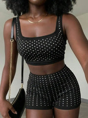 Hnewly  Sparkly Square Neck Rhinestone Two Piece Set For Club Party Night Out