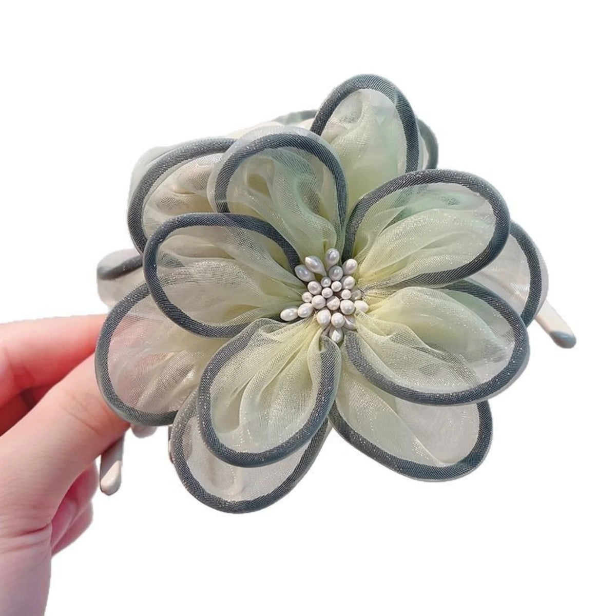 Hnewly  1Pc Elegant Mesh Flower Hair Claw With Faux Pearls Large Clutcher Hair Clip Vintage Sweet Hair Accessory For Women Daily Wear