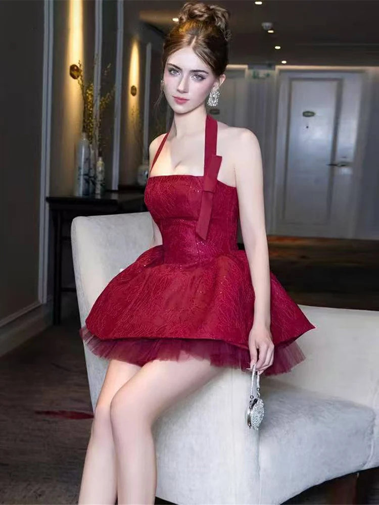 Hnewly  Cutenew Sexy Noble Dress +Mesh Puffy Skirt Women Jacquard Bow Sequin Sleeveless Halter Backless Stretch Birthday Party Suits