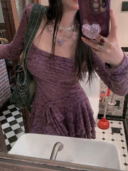 Hnewly  Lace Basic Causal Women Dress Square Collar Slim Waist Tunic  All Match Dresses Y2k Aesthetic Sexy Fashion Elegant Vestidos