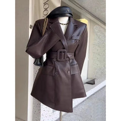 Hnewly  Retro Coffee Color Lace Up Pu Leather Jacket For Women's Autumn New Luxury Slim Blazer Fashion Irregular All-Matched Winter Coat